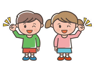 ガッツポーズでウインクをする男の子と女の子の全身イラスト（小学生、幼児、子供）