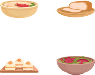 Diverse collection of vector illustrations of assorted international cuisine and food items, including soup, bread, appetizers, salad, and more, representing culinary diversity from around the world