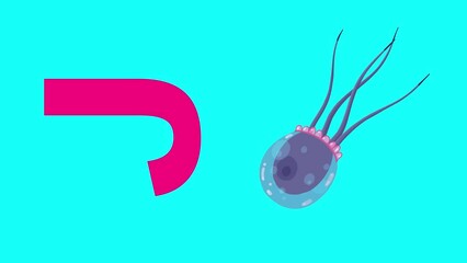 J letter big color vertcal like jellyfish cartoon animation. Animal loop. Educational serie with bold style character for children. Good for education movies, presentation, learning alphabet, etc...