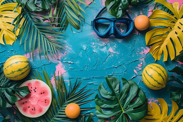 Summer sale promotion banner. Top view of sunny beach side with ocean wave, flamingo inflatable ring, seashells, parasol and tropical leaves on sand.