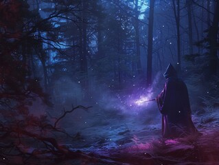 A sorcerer casts a spell with a glowing wand in a dark forest.