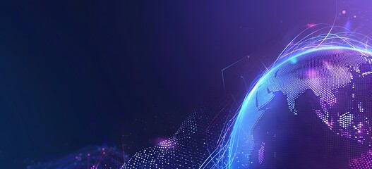 3D rendering of the Earth with purple and blue colors on a dark background, a digital backdrop products or social media banner templates. A globe surrounded by glowing connection lines