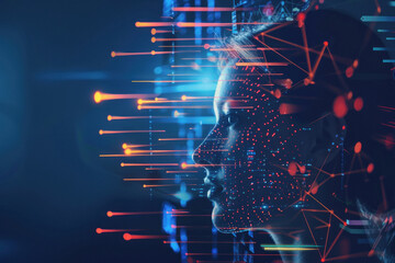 A double exposure of an AI business professional's face and digital data visualizations