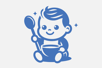 Baby feeding logo, icon. Vector illustration.  Baby with spoon and bowl