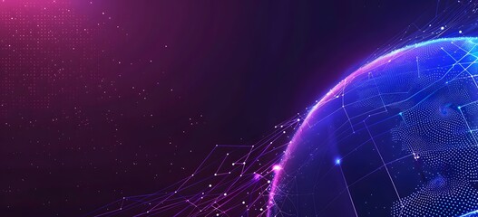 Obraz premium 3D rendering of the Earth with purple and blue colors on a dark background, a digital backdrop products or social media banner templates. A globe surrounded by glowing connection lines