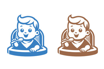 Baby feeding logo, icon. Vector illustration.  Baby with spoon sitting on high chair