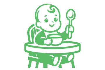 Baby feeding logo, icon. Vector illustration.  Baby with spoon and bowl sitting on high chair