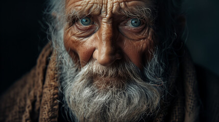 An old man in whom time seems to have stopped in his deep wrinkles and wise eyes. His gaze penetrates the centuries, emanating wisdom and life experience