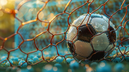 Against the background of a football pitch, the ball lies in the goal net, symbolizing scoring a goal during a prestigious football championship or cup.