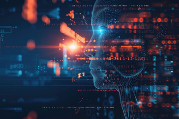 Fototapeta premium A double exposure of an AI business professional's face and digital data visualizations