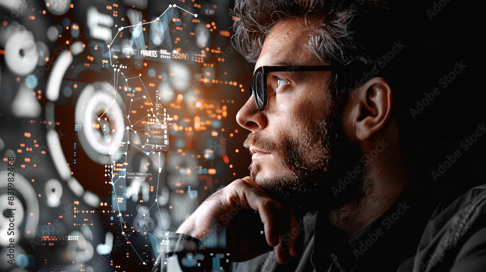 Poster it expert analyzing machine learning data on a futuristic screen with space for your text