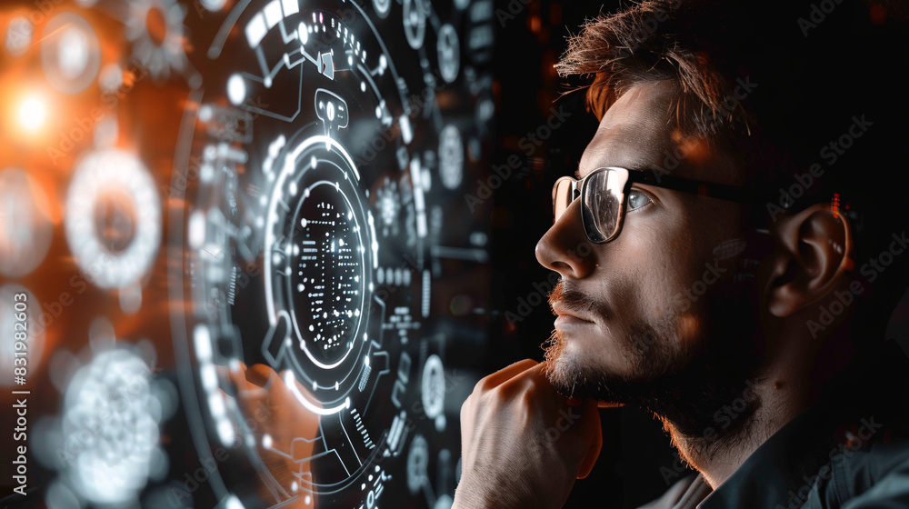 Poster it expert analyzing machine learning data on a futuristic screen with space for your text