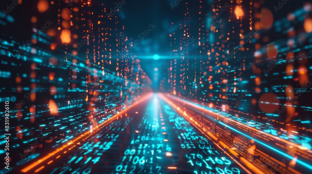 Poster digital data flow on road with motion blur to create vision of fast speed transfer