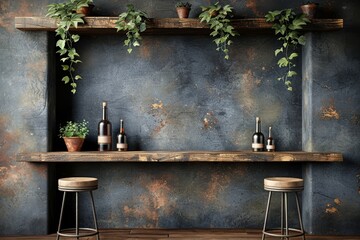 Industrial chic bar with exposed brick walls, hanging plants, and ambient lighting, creating a stylish and cozy atmosphere, perfect for casual gatherings and intimate evenings