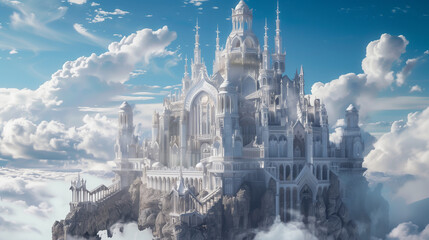 Naklejka premium A mythical palace, surrounded by a halo of extraordinary splendor. Its towers reach into the sky and its walls are decorated with mystical symbols and patterns.