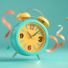 Vibrant alarm clock with a retro design displayed against a plain blue-toned backdrop, illustrating the concept of time management