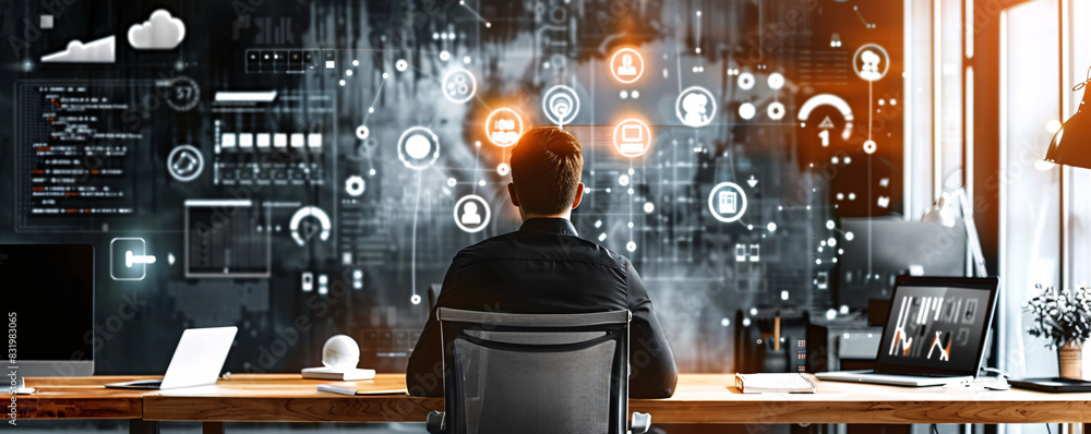 Poster data scientist coding in a modern office environment with space for your message