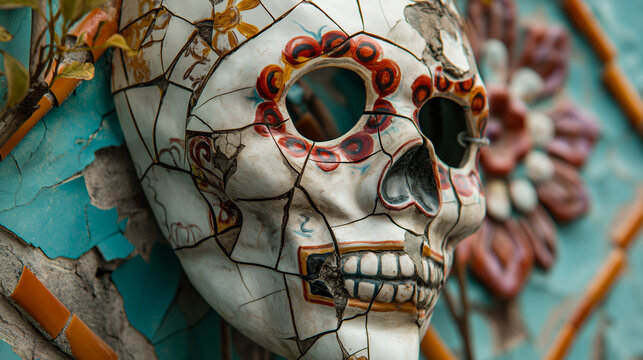 Ceramic cracked mask in the shape of a skeleton head