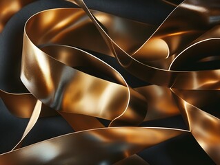 Shiny golden ribbons are intertwined and spread across a dark background, creating a luxurious and elegant visual.