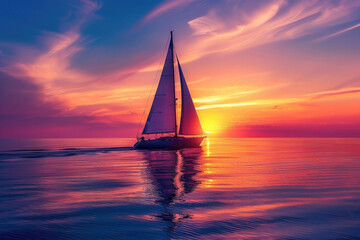 A sailboat glides on calm waters during a stunning sunset