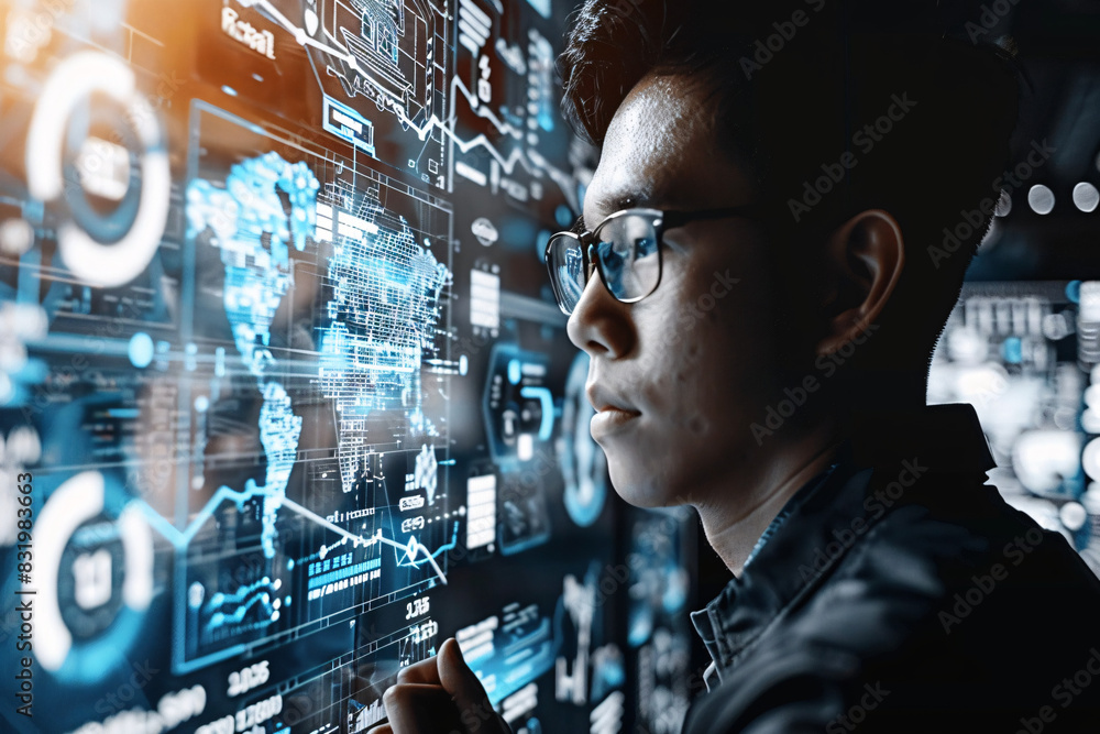 Poster machine learning specialist examining data trends with a customizable text area