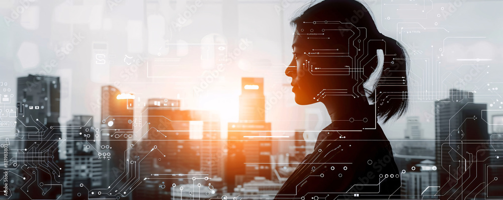 Poster it expert integrating machine learning algorithms in a sleek office setting with a text placeholder