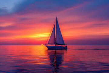 A sailboat glides on calm waters during a stunning sunset