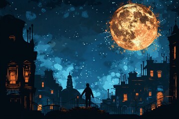 Detailed illustration of a mysterious cityscape under a large, glowing moon with stars sprinkled across the night sky