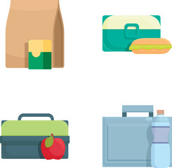 Vector collection of various lunch bags and boxes with simplistic design, perfect for educational content