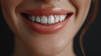 Close-up of a woman's smiling lips with white teeth
