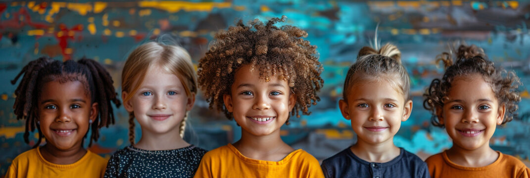 
Kindergarten portrait of multiracial smiling different toddler boys and girls. Happy children's faces in the mosaic collection. Adorable kids diversity concept.
