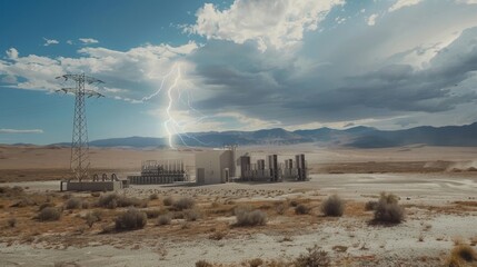 In a barren desert landscape a bolt of electricity strikes a group of mining rigs underscoring the immense energy requirements of crypto mining in even the most remote locations.