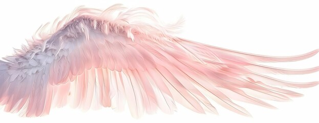 Majestic side view of angel wings, intricate feather details, photorealistic style, soft pastel colors, gentle breeze ruffling the plumage, creating a sense of peaceful grace