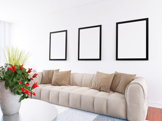 Modern Interior Design Three Wall Poster Photo Frame Mockup in a Living room. 3D Render