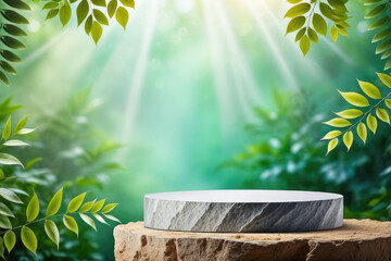 creative Natural stone and concrete podium in Natural green background for Empty show for packaging product presentation