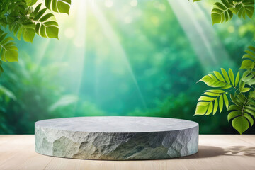 creative Natural stone and concrete podium in Natural green background for Empty show for packaging product presentation