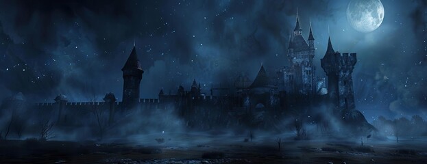 Mysterious castle silhouetted against a full moon, shrouded in fog and mist.