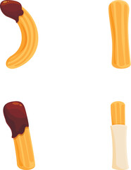Set of colorful and playful cartoon snack treats and desserts with vector illustration. Includes sweet and tasty chocolate, banana popsicle, ice cream, and more. Perfect for kids and indulgence