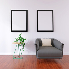 Wall Poster Frame Mockup with Beautiful Sofa in a Living Room. 3D Render
