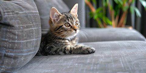 A orange tabby cat laying on a blue couch