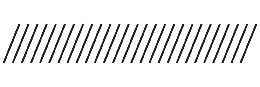 Slash line. Border with diagonal lines. Angle of tilt stripes. Black pattern of footer. Diagonal parallel lines divider strip. Tilt strip geometric abstract border. Slash divider.