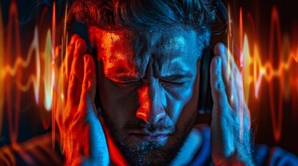 a person holding their head in pain with sound waves illustrated around their head.