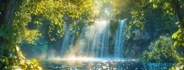 Tranquil waterfall cascading through lush greenery, sunlight filtering through leaves