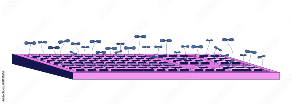 Poster Computer keyboard with plant sprouts 2D linear illustration concept. Data input device with grass cartoon items isolated on white. Technology and nature metaphor abstract flat vector outline graphic