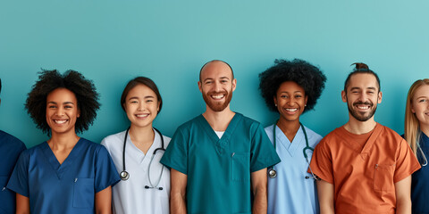 A multiracial team of healthcare professionals stands against a teal background demonstrating unity
