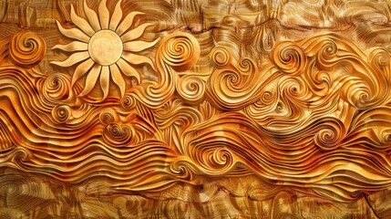 Intricate engravings on wood, featuring summer motifs such as suns, waves, and palm trees, rendered in a way that highlights the natural beauty and texture of the wood, ai generated
