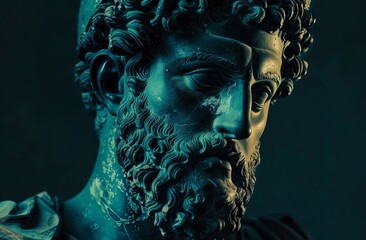 Dramatic close-up of an ancient bronze statue