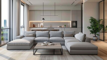 Big apartment lounge with gracefull L-shape gray sofa and open kitcen