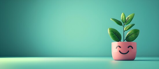 Green plant in a pink pot, cute happy face, copy space for text, simple and clean design, photo background, minimalist background