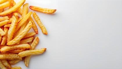 Fries on a white background, copy space for text, creative fast food background, chips, French fries, photo illustration